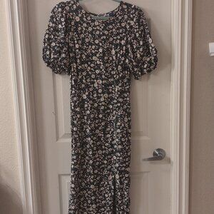 Old Navy Black White Green Floral Maxi Dress Puff Sleeve Round Neck Size M